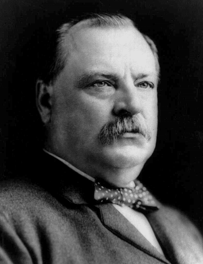 A black and white photo of President Grover Cleveland with a mustache.
