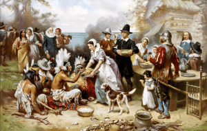 Painting of Pilgrims and Natice Americans at Thanksgiving