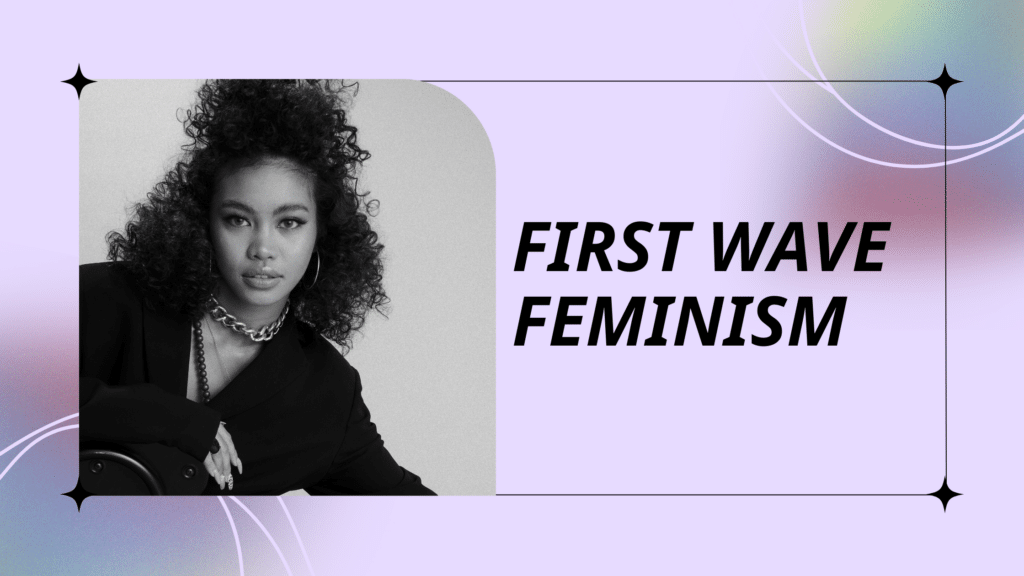 A woman with curly hair in front of a purple background representing First Wave Feminism.