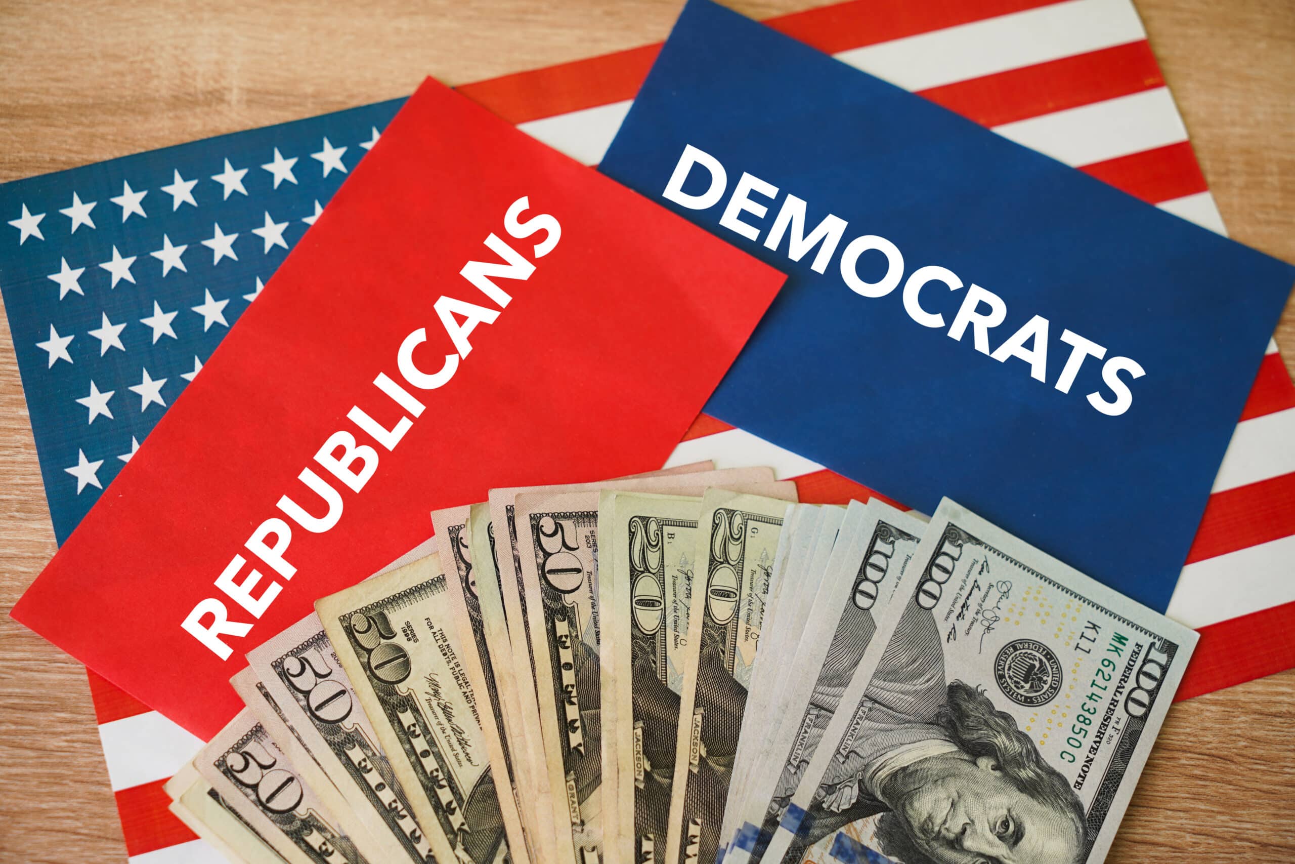 US Flag, money and democratic/republic cards
