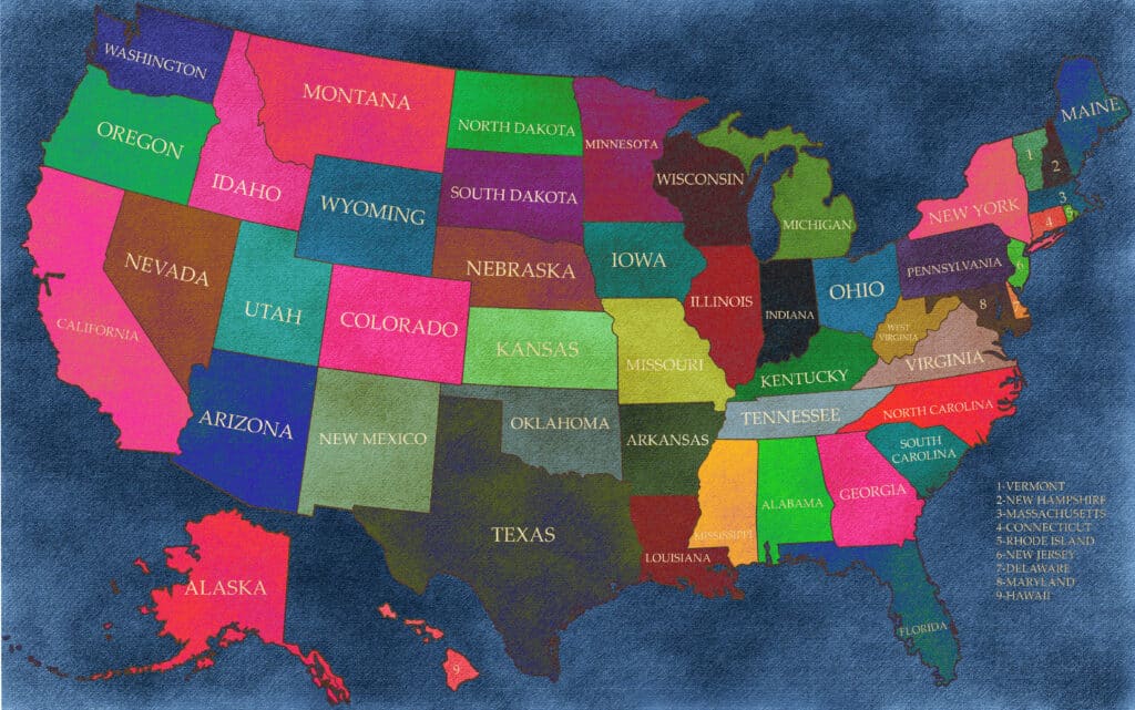A colorful map of the United States with updated state information.