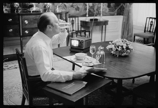 President Gerald Ford eating breakfast at the White House, Washington, D.C.