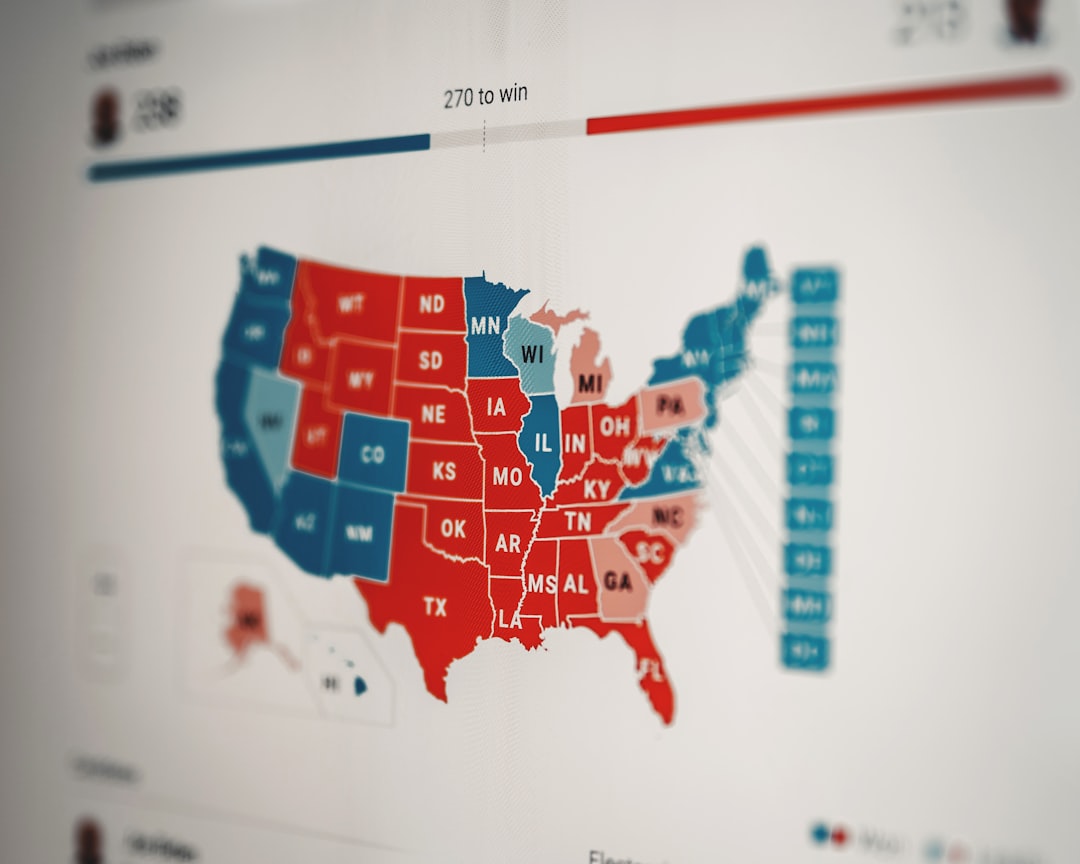 A map of the United States displays election results by state, with states colored in red and blue, alongside a progress bar indicating the 270 electoral votes needed to elect the US President.