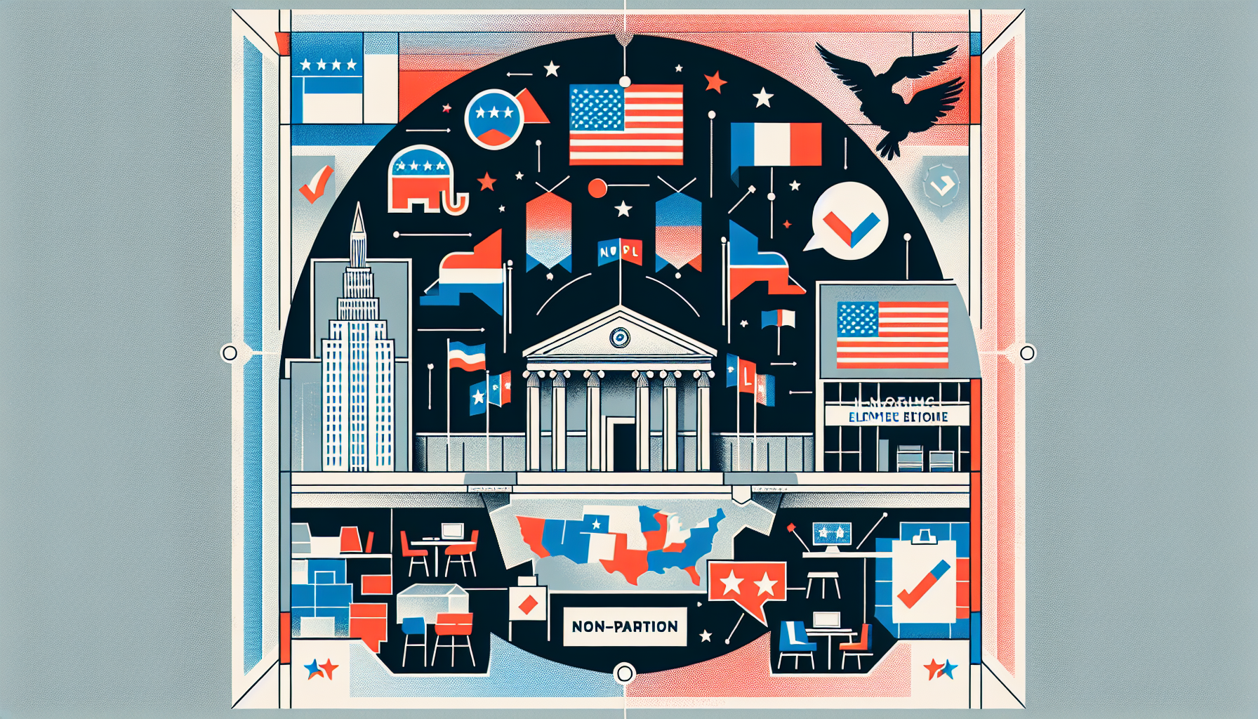 Illustration of a government building surrounded by political symbols, flags, and voting icons, representing a non-partisan theme.