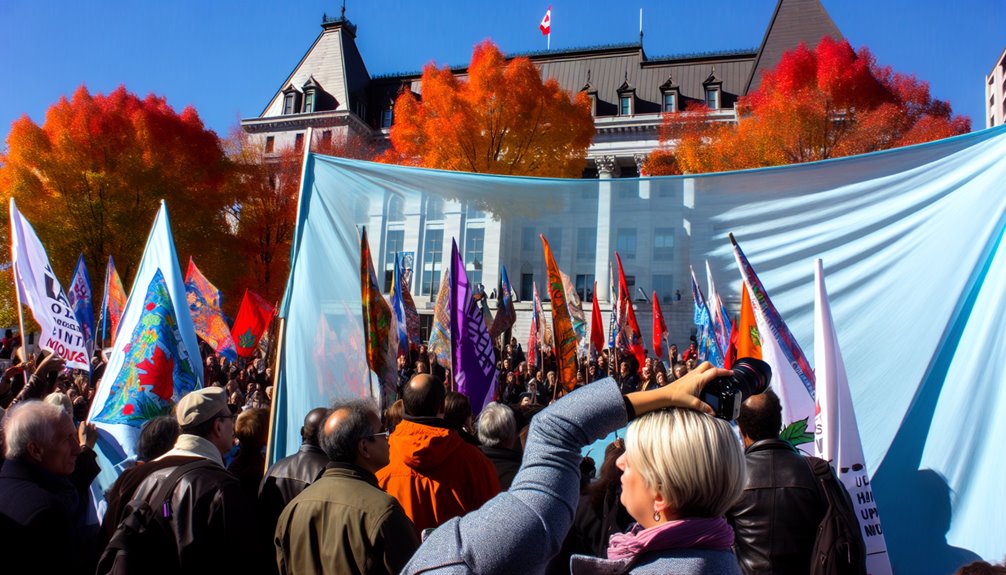 A crowd gathers with colorful flags during a daytime outdoor event in front of a building with autumn trees in the background. A person photographs the scene.