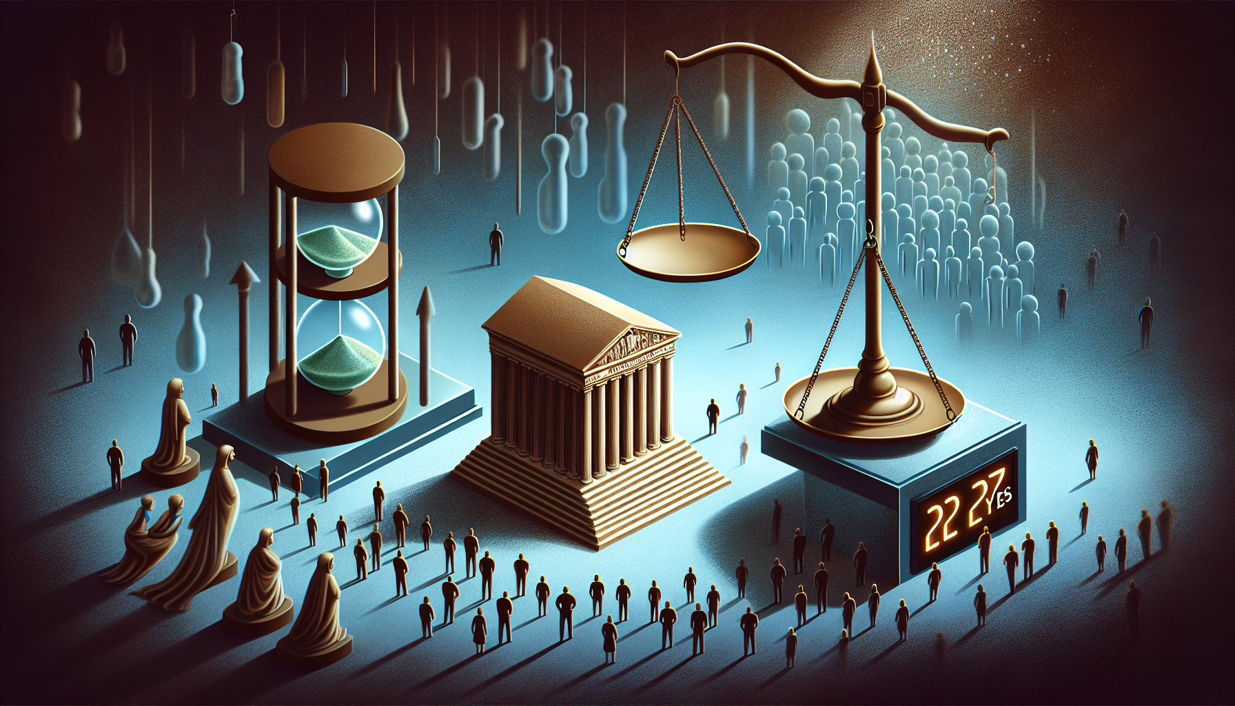 Illustration of a courthouse, scales, and hourglass surrounded by people, symbolizing justice and time. A digital display shows "22" amid an abstract background.