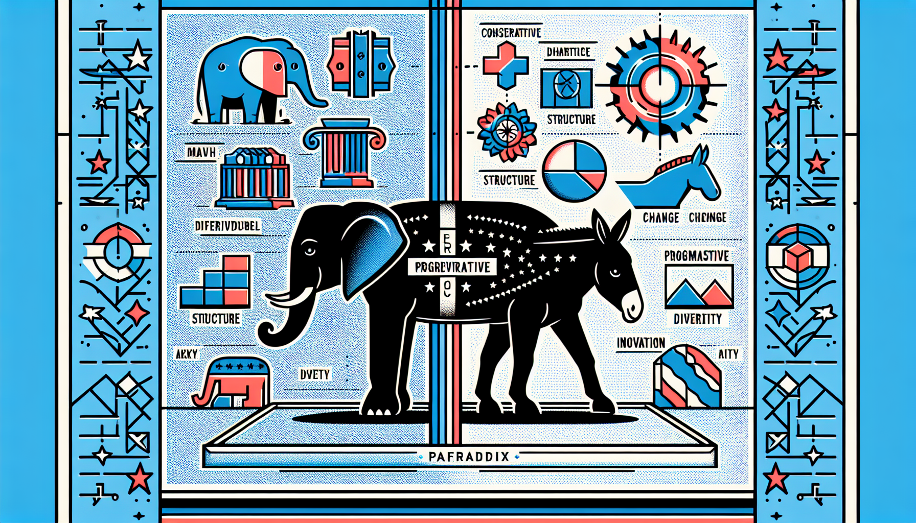 Illustration of an elephant and a donkey with symbols and charts around them, representing political themes like structure, change, conservatism, progressivism, diversity, and innovation.