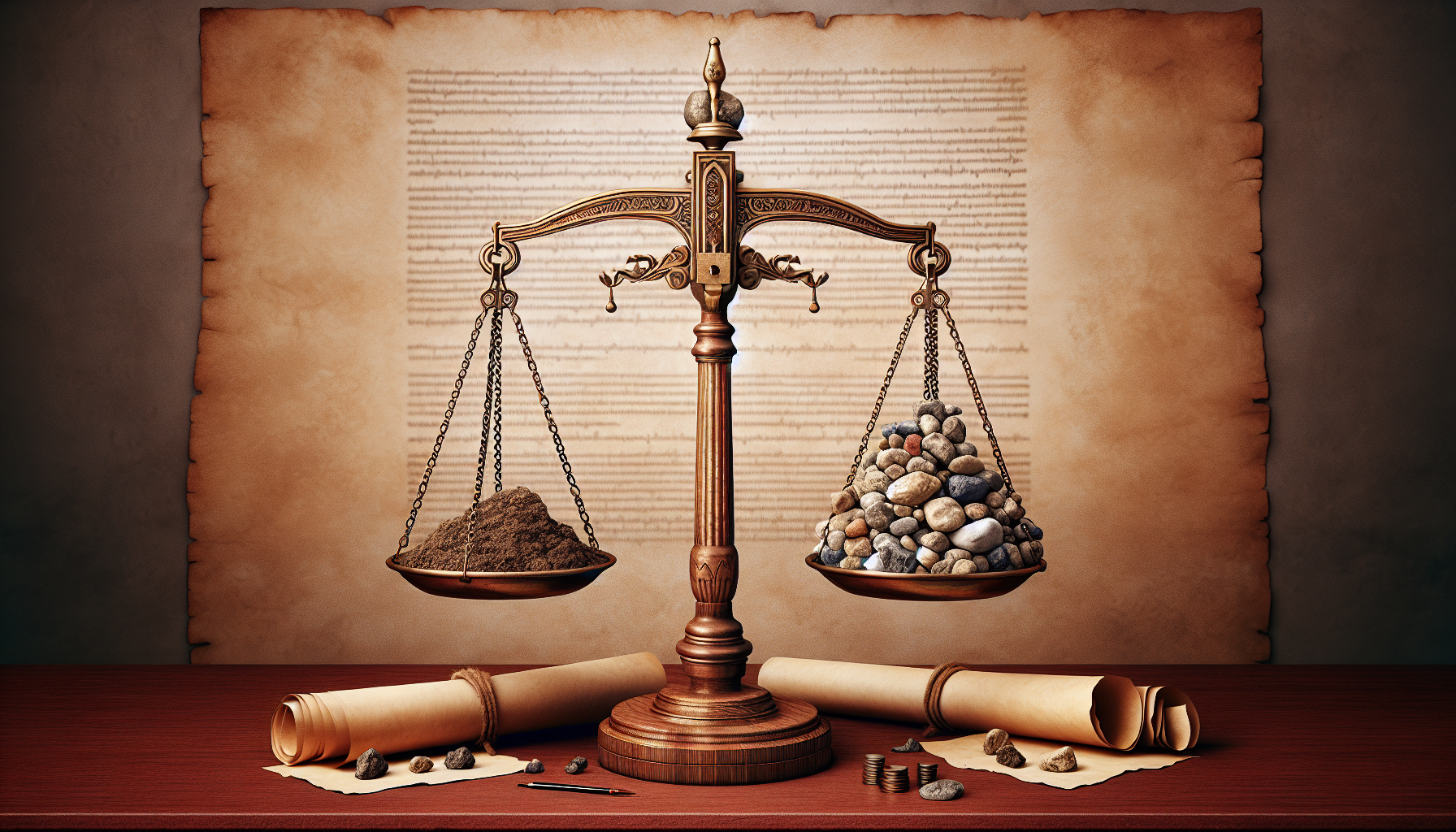 A scale balances soil and stones on parchment background, with rolled scrolls, coins, and a pen on the table.