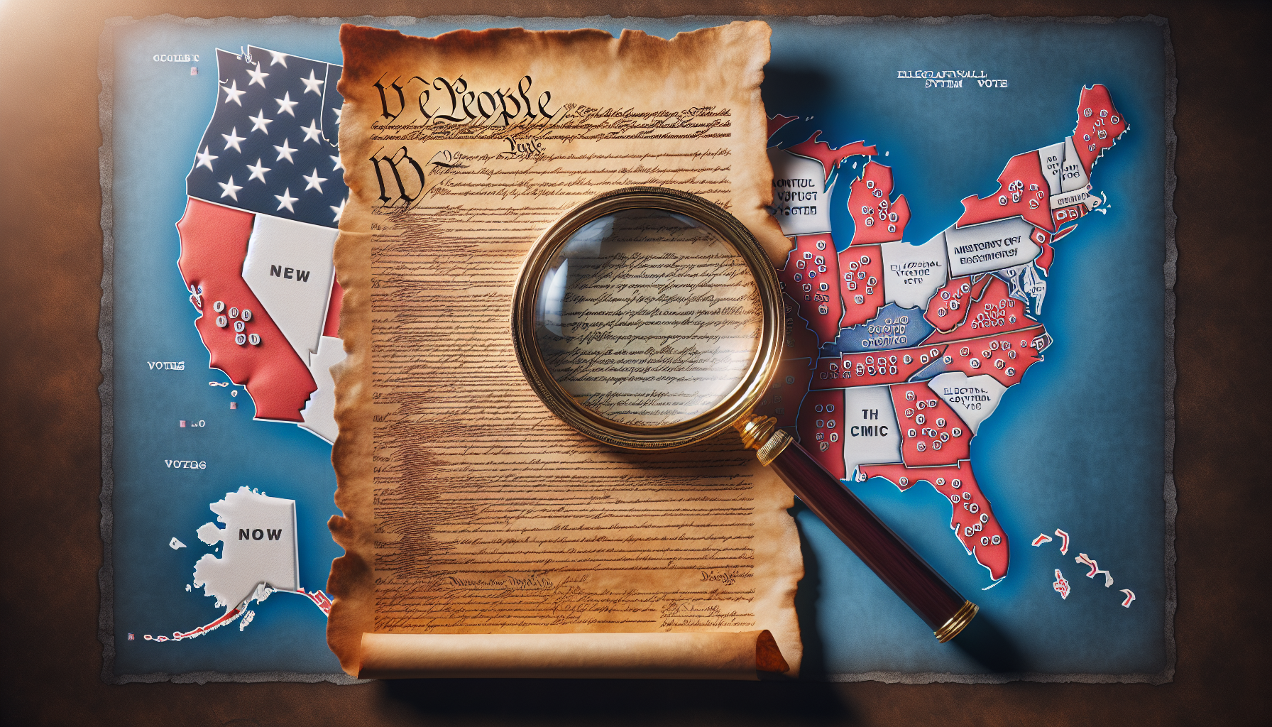 A map of a U.S. electoral college with red and blue states, and a magnifying glass over the U.S. Constitution on parchment.