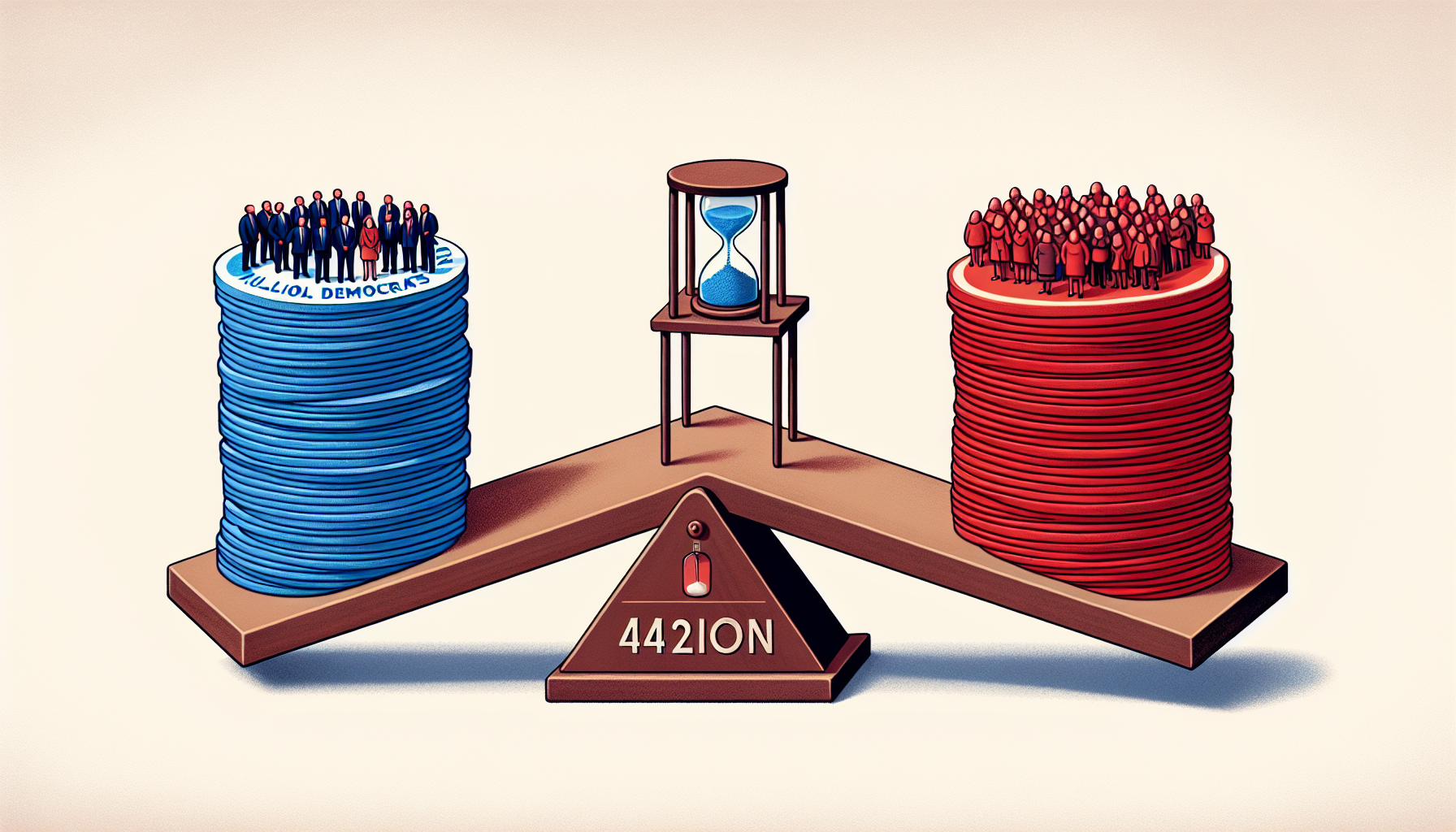 An illustration of a scale showing stacks of people on blue and red platforms labeled "National Democrats" and "44210N" respectively, with an hourglass in the center.