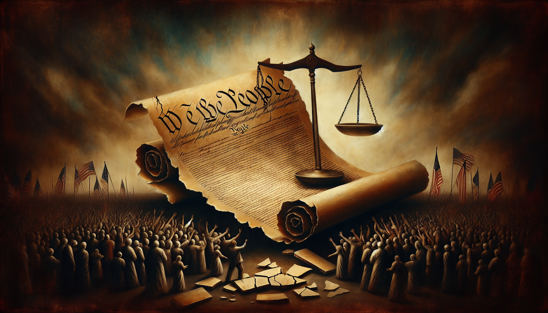 A weathered parchment with "We the People" is flanked by scales of justice, surrounded by a crowd and flags, set against a dramatic sky.