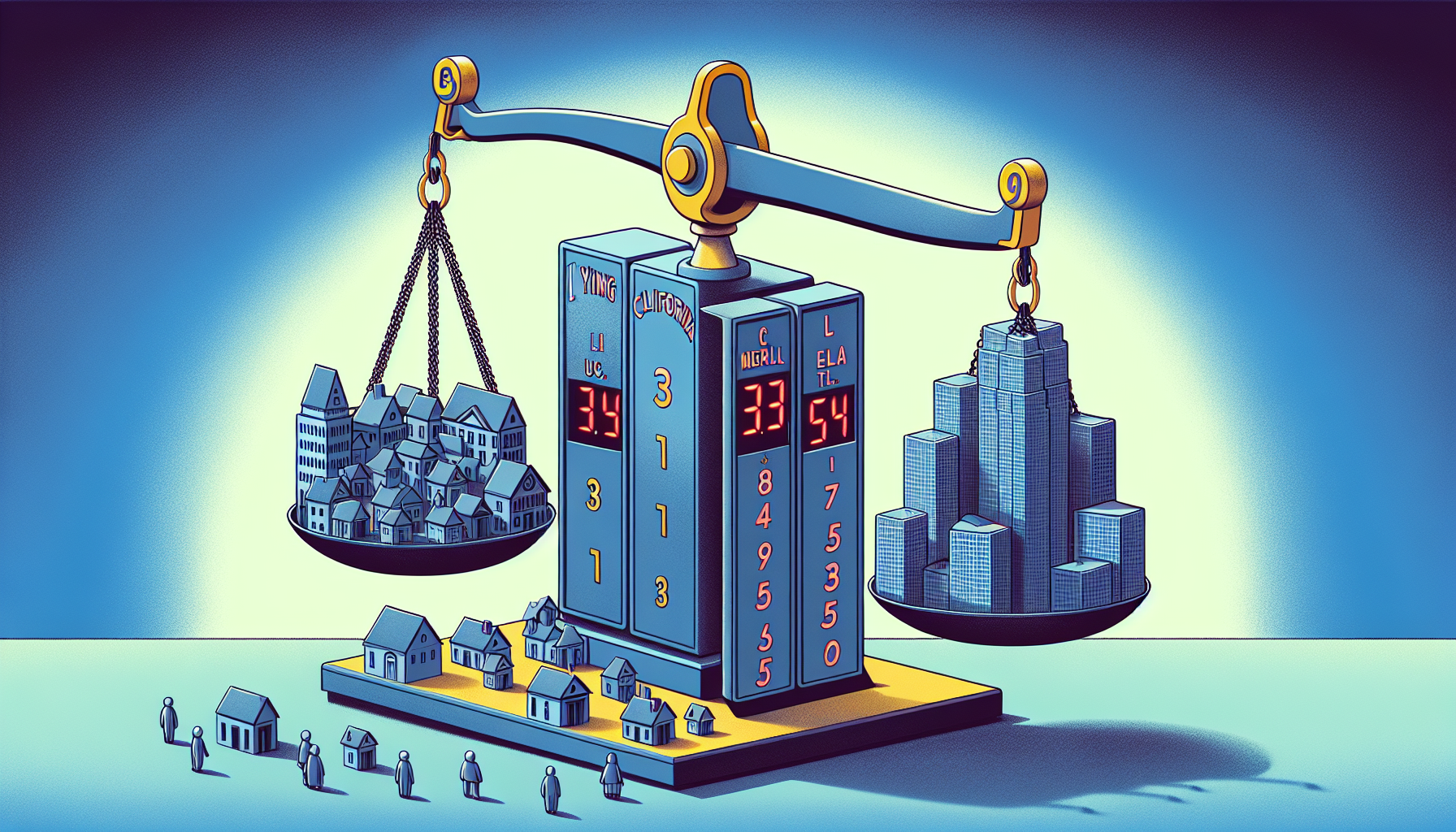 Illustration of a scale balancing houses on one side with tall buildings on the other, displaying numerical values and figures at the base.