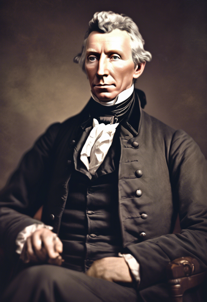 A historical portrait of a man in formal 18th-century attire, including a dark coat, white cravat, and seated posture, against a muted background.