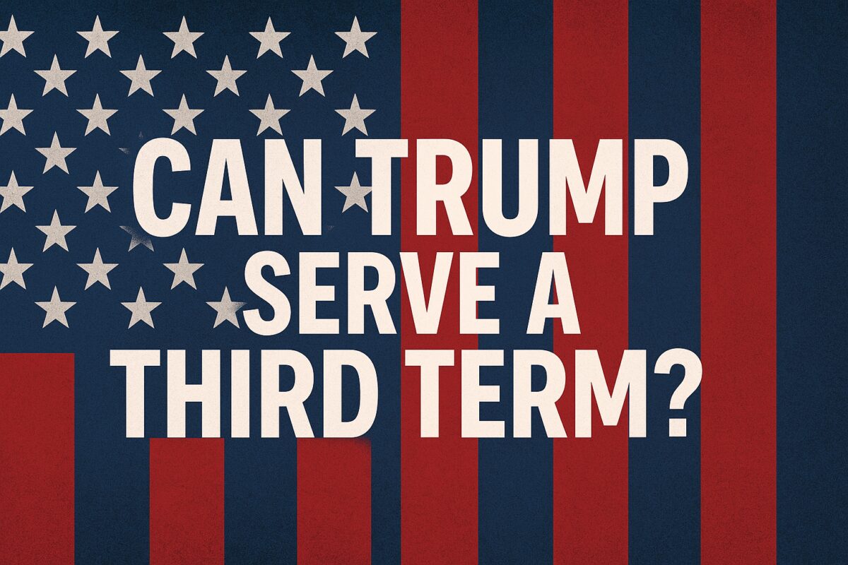Text on a background of red and blue stripes with white stars, reading "Can President Trump Run for a Third Term?.