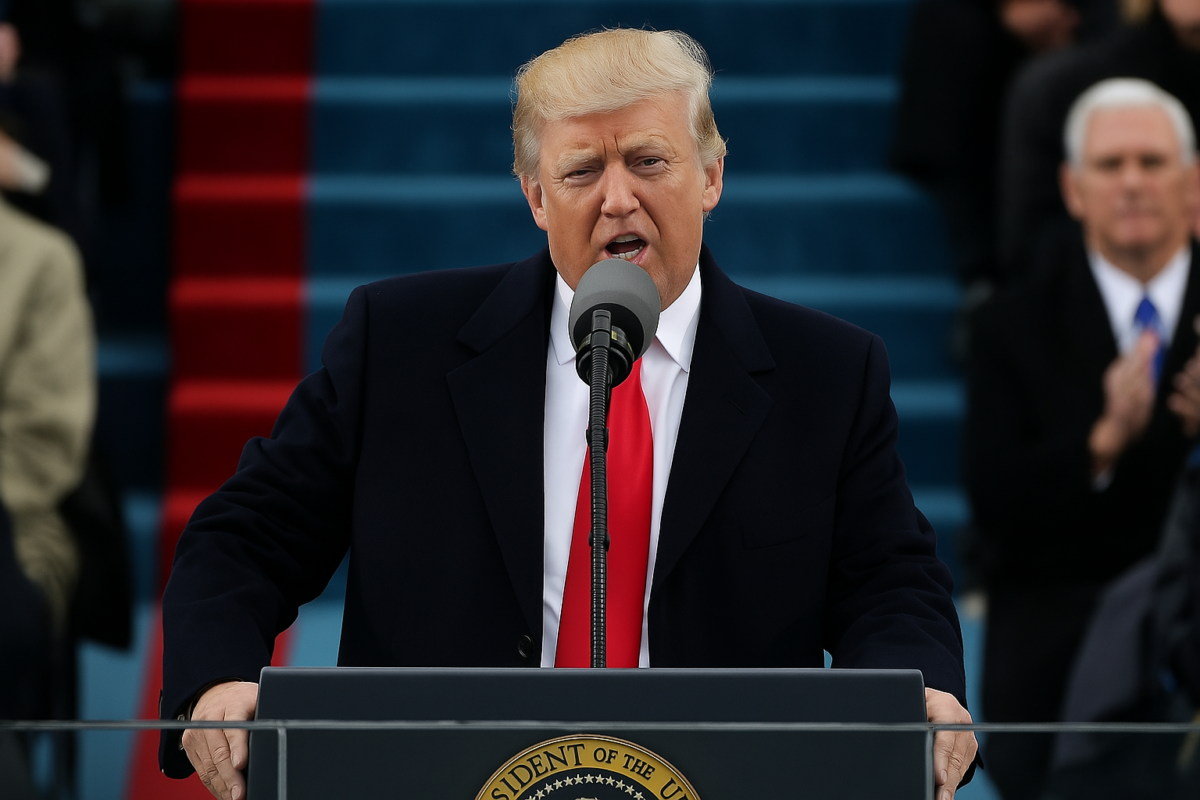 A person speaking at a podium outdoors, with a seal on the front and red and blue steps in the background, passionately announces plans to run for office again, echoing the fervor of President Trump's third-term aspirations.