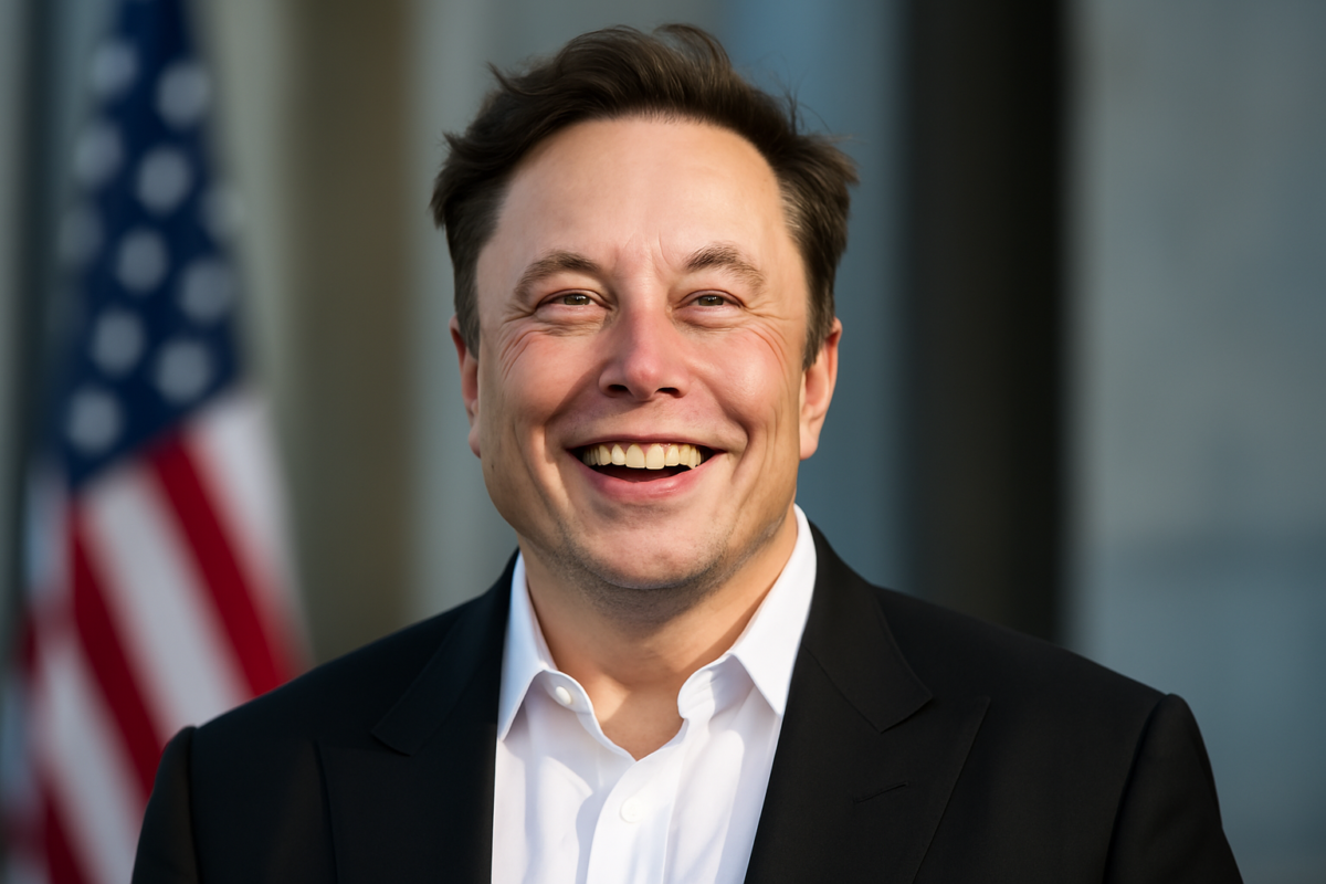 A person in a suit smiles broadly in front of a blurred American flag backdrop, embodying the spirit of U.S. democracy and optimism for the future amidst discussions on 2025 tariff implications.