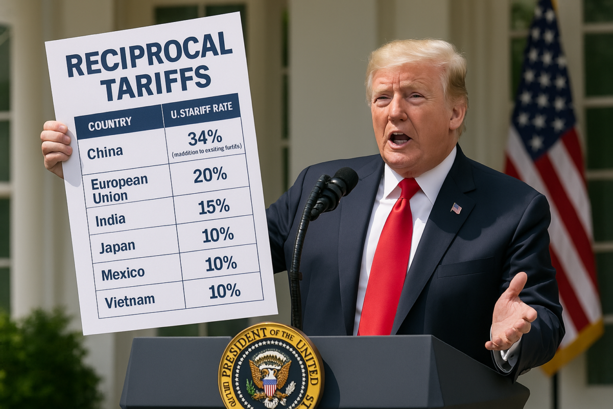 A person stands at a podium outdoors, the presidential seal gleaming in front, holding a sign showing U.S. tariff rates for various countries and discussing the tariff implications on U.S. democracy in 2025.