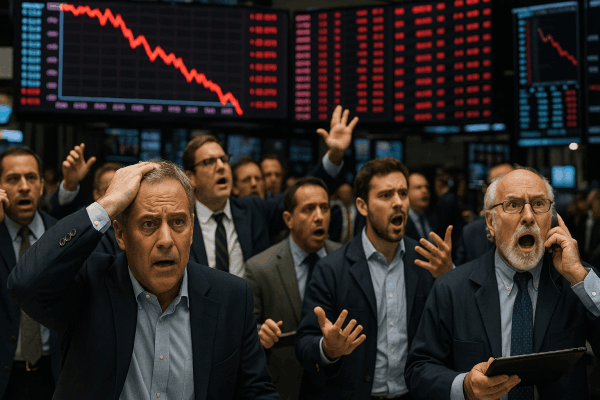 A group of stock traders on a trading floor react with concern and shock as red graphs displaying a market crash and 2025 tariff implications are shown on large screens behind them.