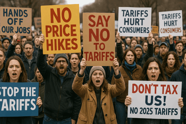 A group of people at a protest hold signs opposing tariffs, price hikes, and taxes, with messages like “NO PRICE HIKES” and “SAY NO TO TARIFFS,” expressing concern over the 2025 Tariff Implications.