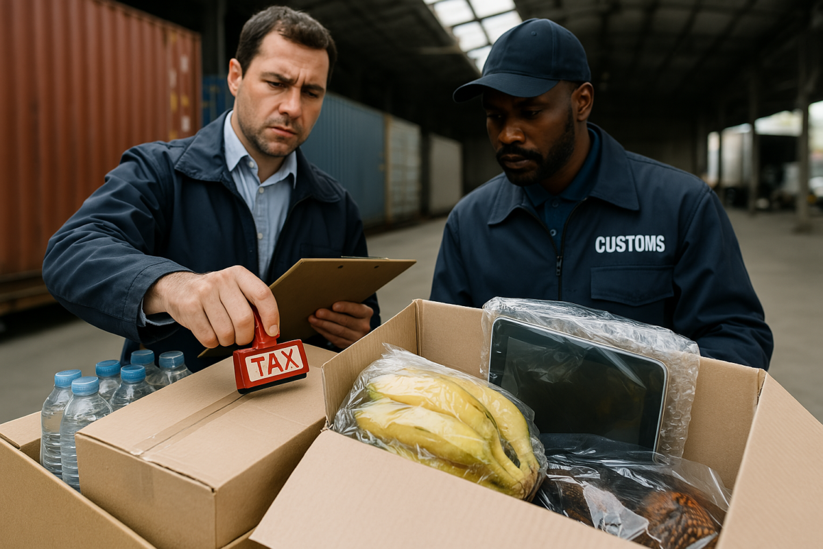 Two customs officers inspect boxes containing fruit, a tablet, and bottled water. One holds a clipboard and a "TAX" stamp, noting implications of the 2025 Tariff. Shipping containers are visible in the background.