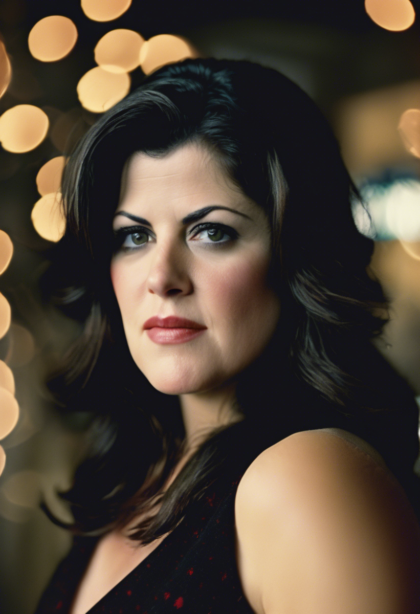 Woman with dark hair and serious expression poses in front of blurred warm lights, wearing a sleeveless dark top.