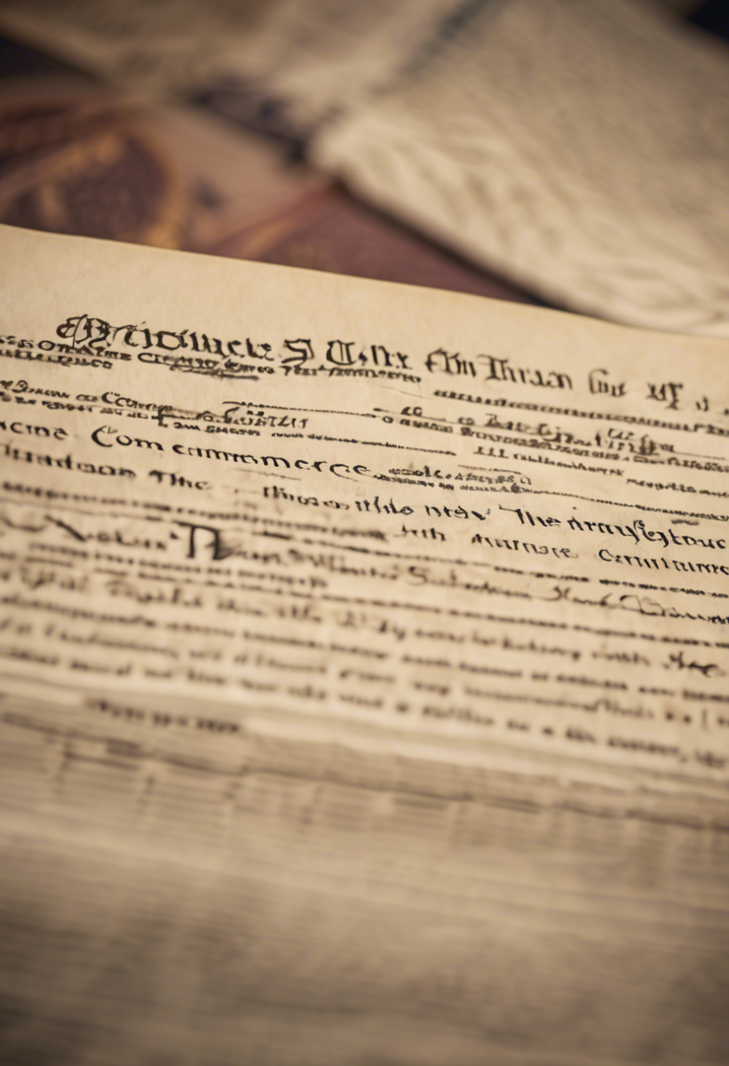 A close-up of an old, handwritten legal or official document with ornate lettering at the top, partially blurred in the background.