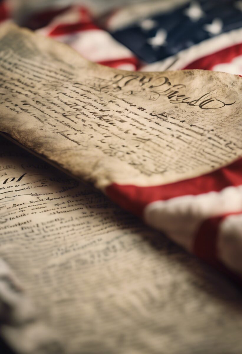 A close-up of the United States Constitution resting on an American flag, showing handwritten text and a weathered appearance.