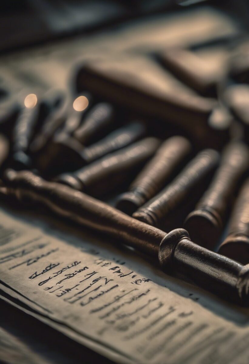 A close-up of several wooden gavels lying on top of handwritten legal documents.