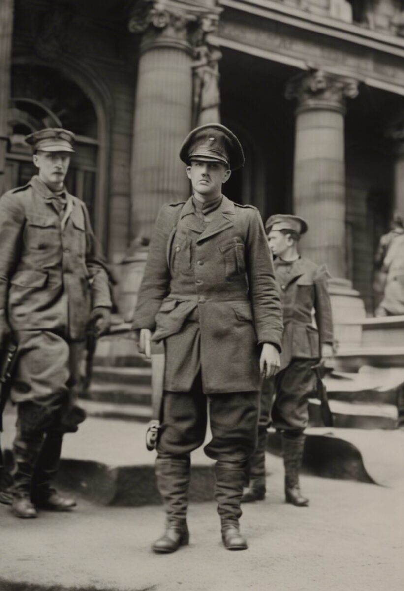 Three soldiers in uniform stand in front of a building with tall columns; the central figure faces forward while the others stand behind him.
