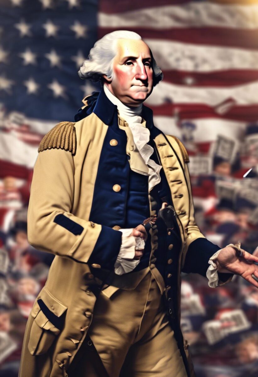 A person in historical military attire stands confidently in front of a blurred crowd and a large United States flag.