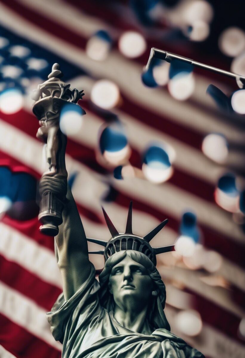 Close-up of the Statue of Liberty with blurred U.S. flag and falling confetti in the background.