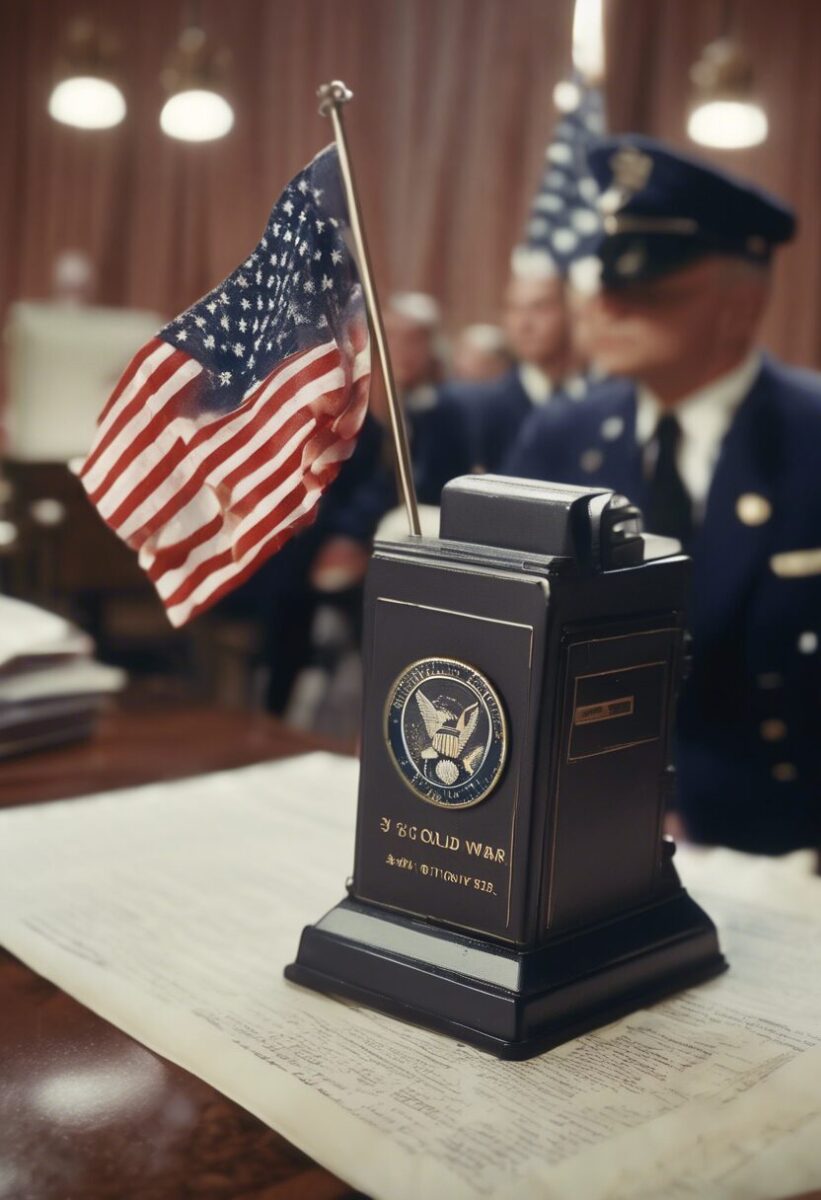 A memorial plaque with the U.S. flag and a military emblem is displayed on a table, with uniformed individuals blurred in the background.