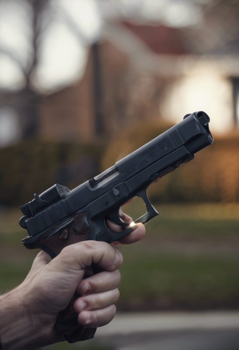 A person holding a black semi-automatic handgun outdoors, with a blurred background of trees and buildings.
