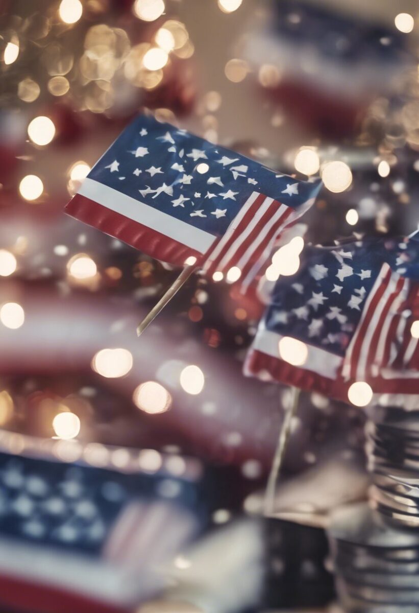 Small American flags on sticks are displayed with blurred lights in the background, creating a festive atmosphere.
