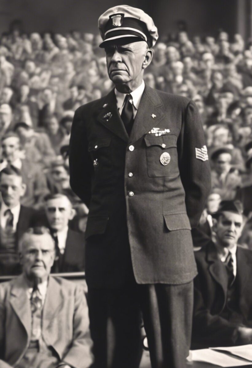 A uniformed officer stands in front of an audience seated in rows, facing forward with a serious expression.
