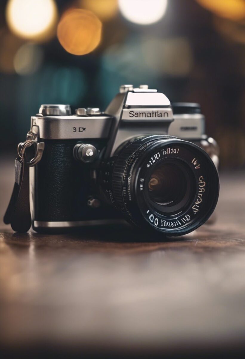 A vintage Samaritan 35mm film camera with a black leather body and attached lens sits on a wooden surface, with blurred lights in the background.