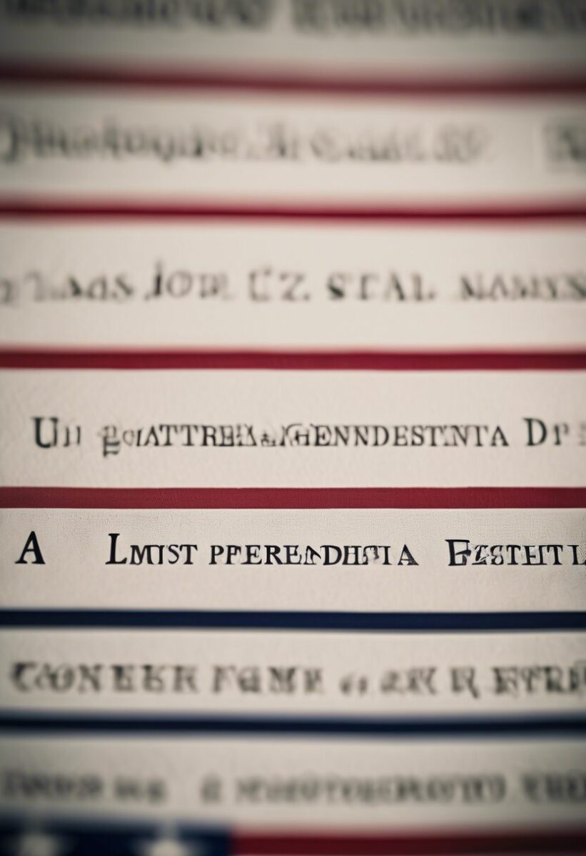 A close-up of typed text on paper with some words intentionally blurred or distorted, overlaid on a background resembling the American flag.