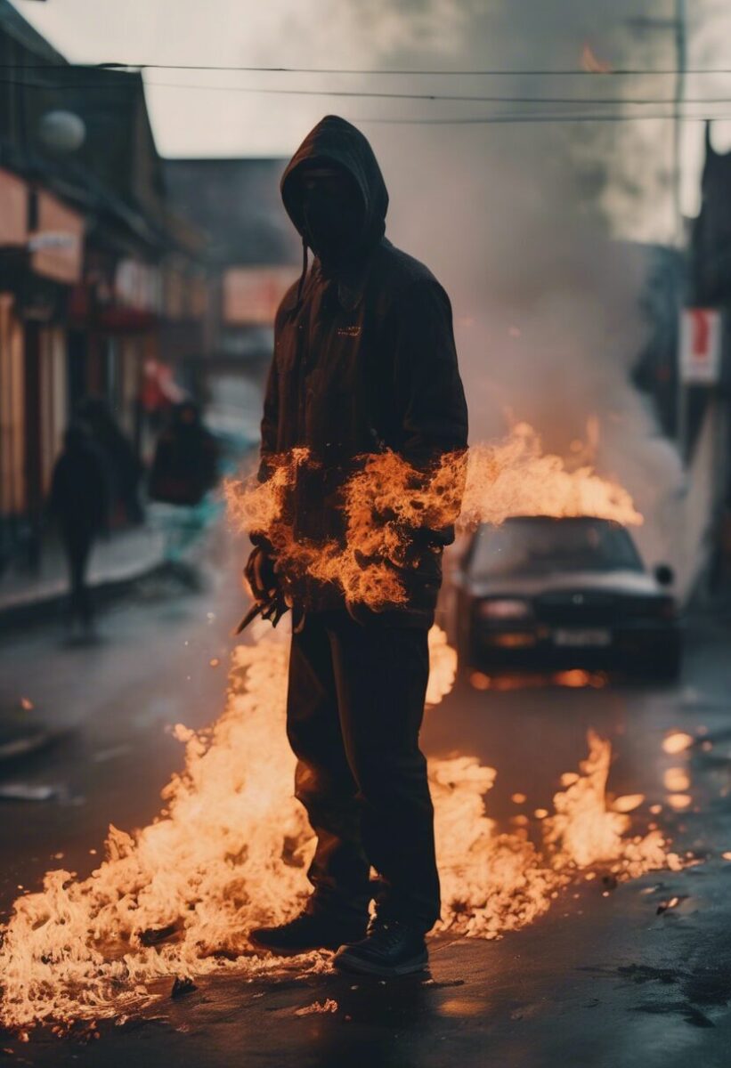 A hooded figure stands amid flames on a street, with a burning car and smoke in the background.