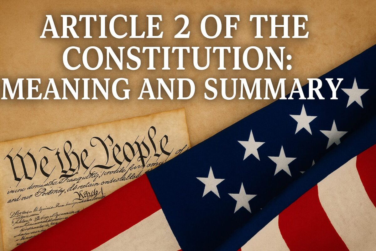 An image showing part of the U.S. Constitution and an American flag, with the text "Article 2 of the Constitution: Summary and Meaning" displayed prominently.