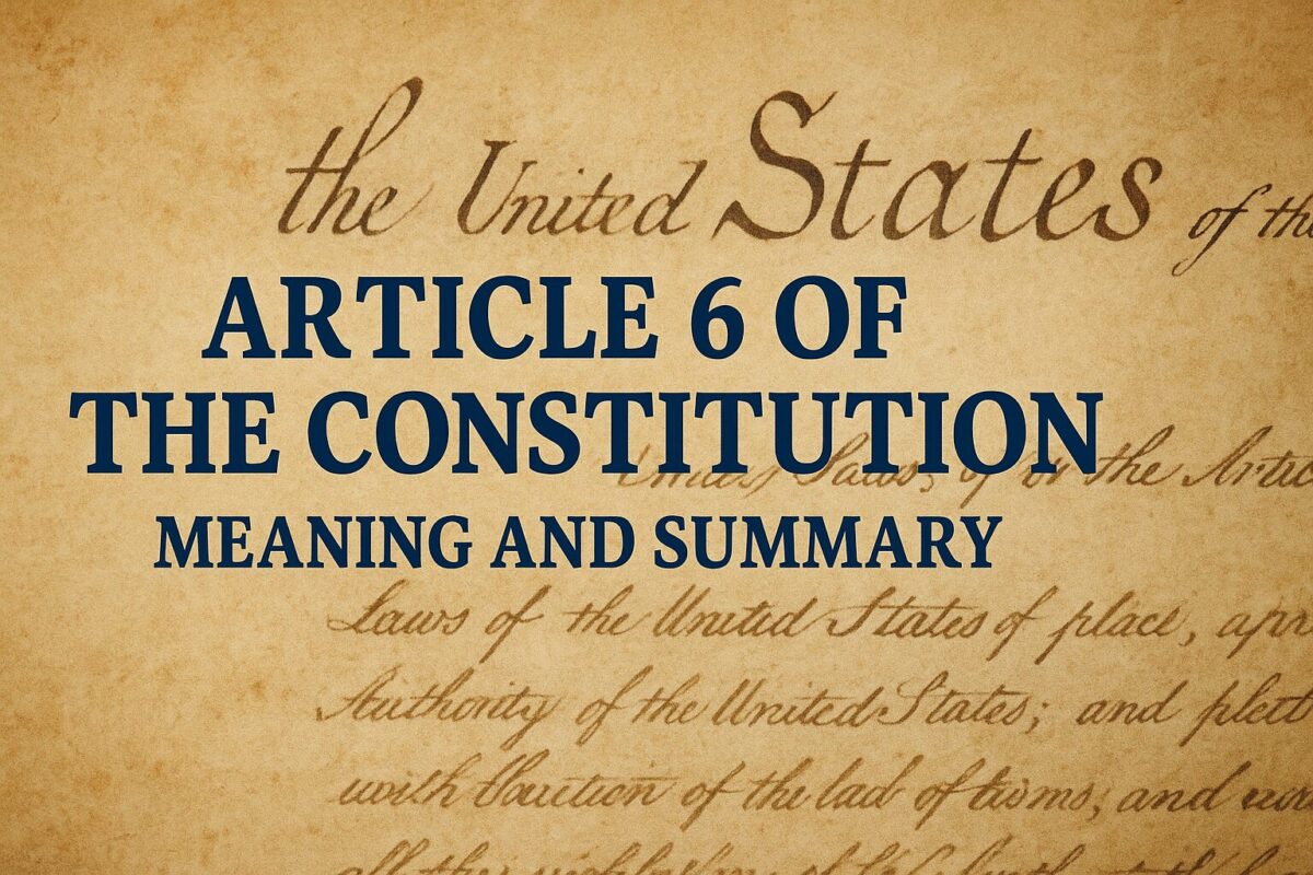 A parchment background with bold text reading "Article 6 of the Constitution Meaning and Summary" overlays the U.S. Constitution, highlighting an Article 6 summary and its meaning for easy reference.