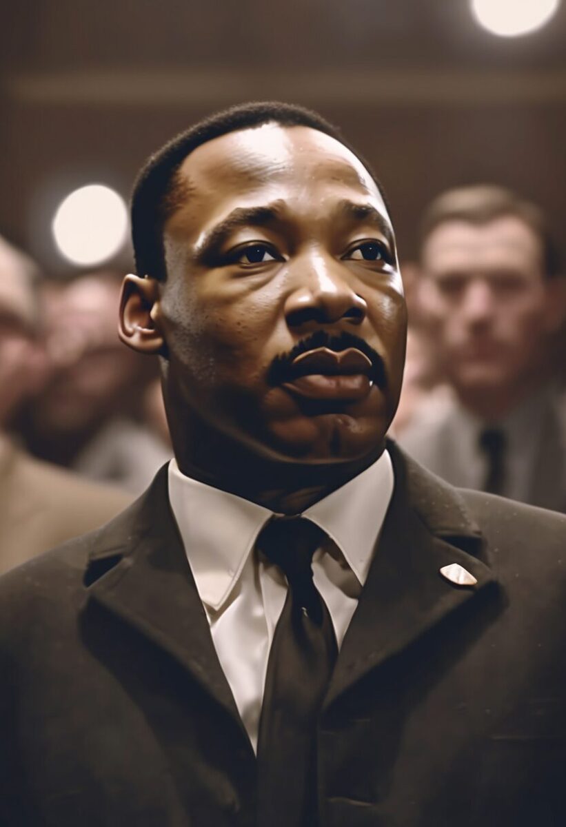 A man in a dark suit and tie stands among a crowd, looking slightly upward with a serious expression under warm lighting.