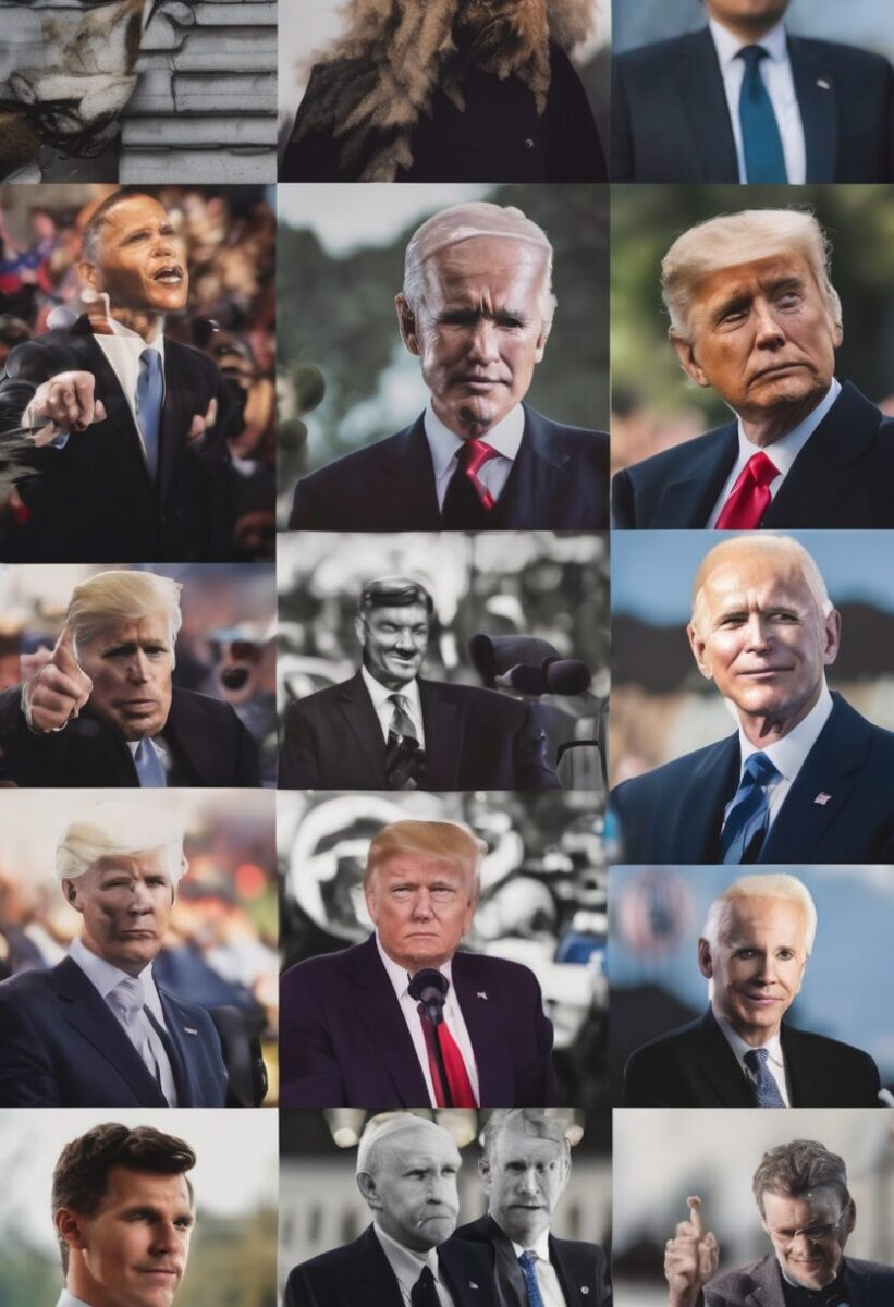 A grid of portraits featuring various men in suits, including multiple images resembling U.S. presidents, arranged in a 4x4 pattern.
