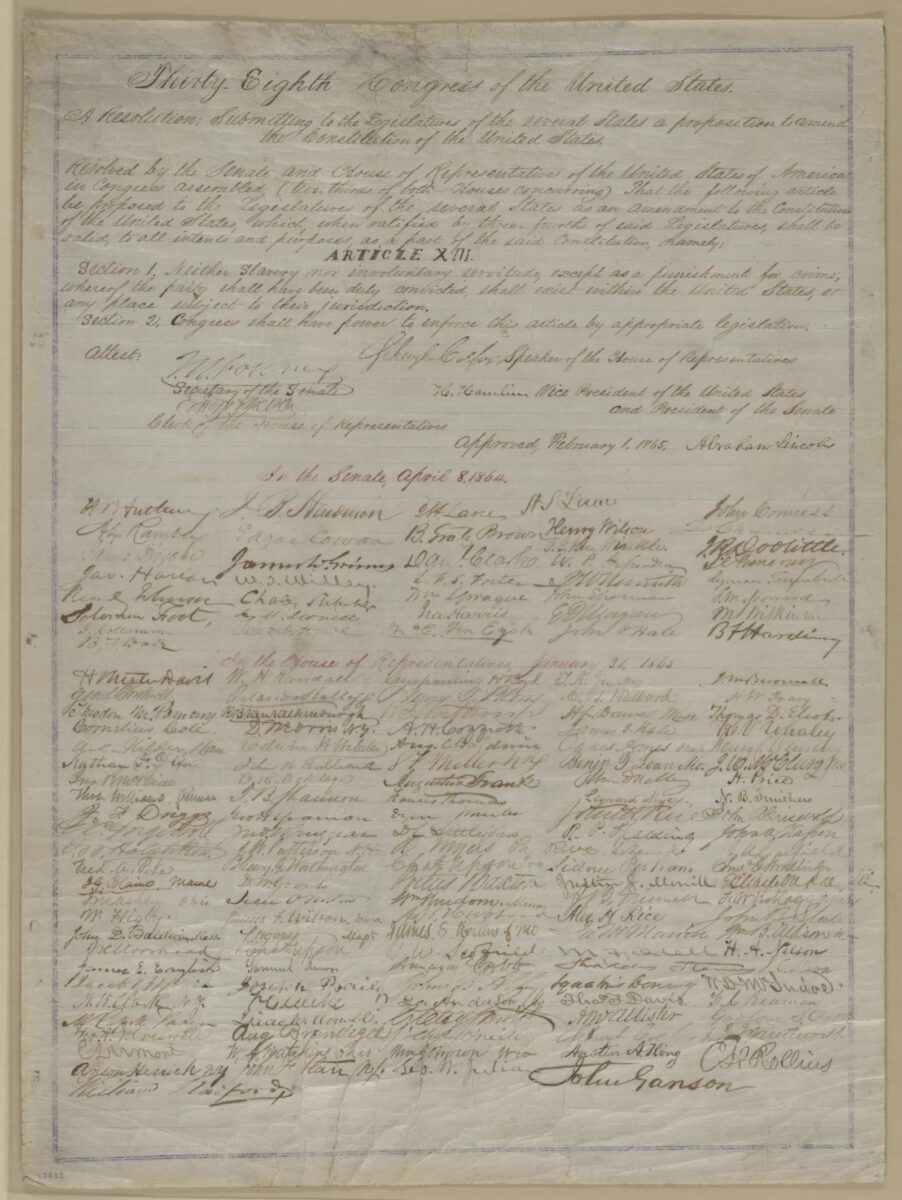 A scanned historical document showing the original text and signatures of the Thirteenth Amendment to the U.S. Constitution, abolishing slavery.