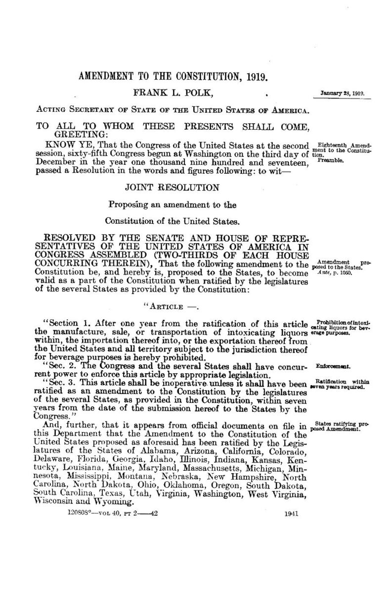 A scanned page of the official 1919 U.S. constitutional amendment document, featuring text about the proposed amendment, signatures, and a legislative header.