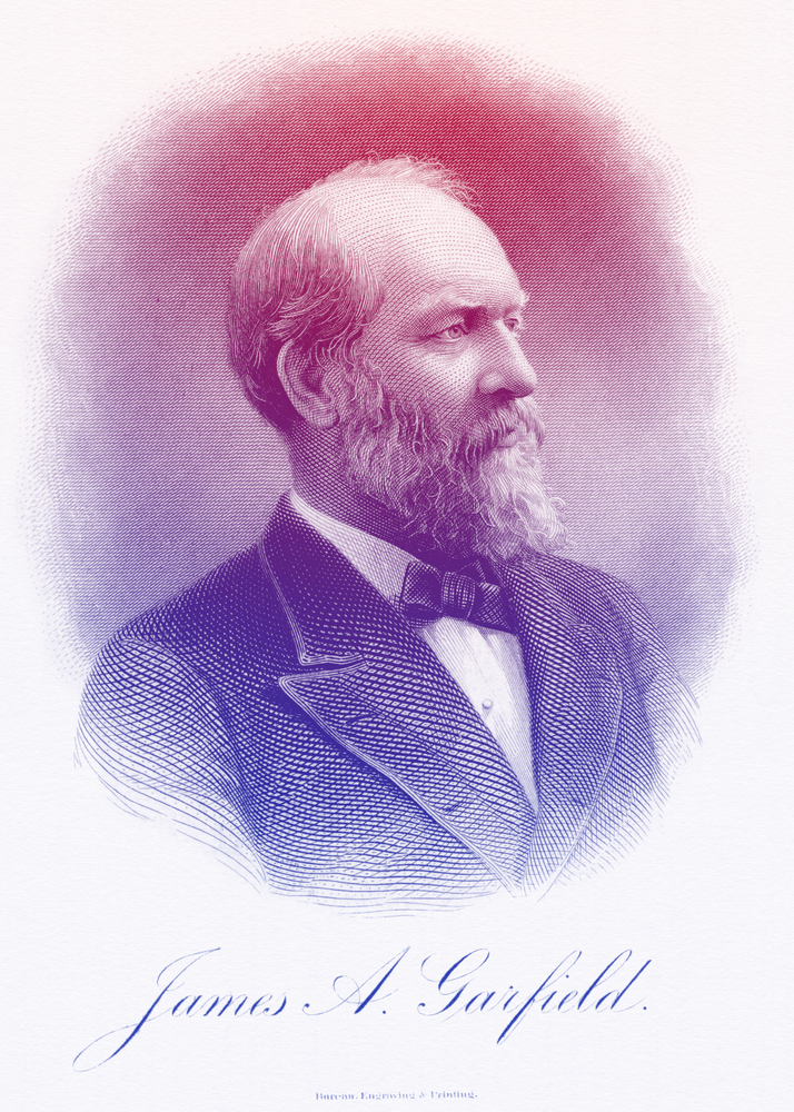 Engraved portrait of a bearded man in formal attire, identified as James A. Garfield, with a soft gradient background.