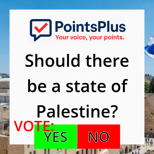 A poll graphic reads "Should there be a state of Palestine?" with "VOTE: YES" in green and "NO" in red below the question, and the PointsPlus logo at the top.