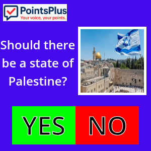 A poll graphic asks "Should there be a state of Palestine?" next to an image of Jerusalem and options to select "YES" or "NO.