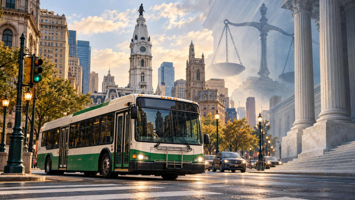 A city street with a green and white bus and Philadelphia City Hall in the background, overlaid with a ghostly image of a courthouse and scales of justice reflecting legal caps on jury awards.