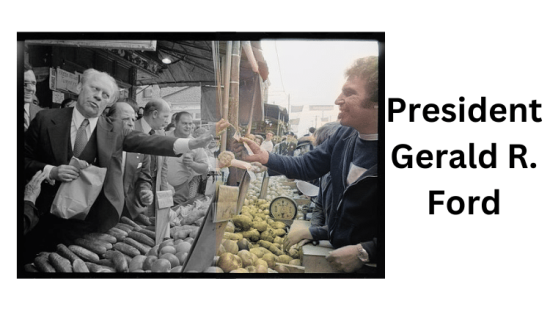 A man handing a vegetable to President Gerald R. Ford.