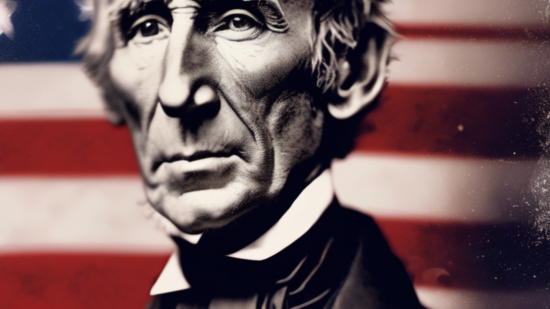 An older man in formal 19th-century attire stands in front of an American flag, looking directly at the camera with a serious expression.